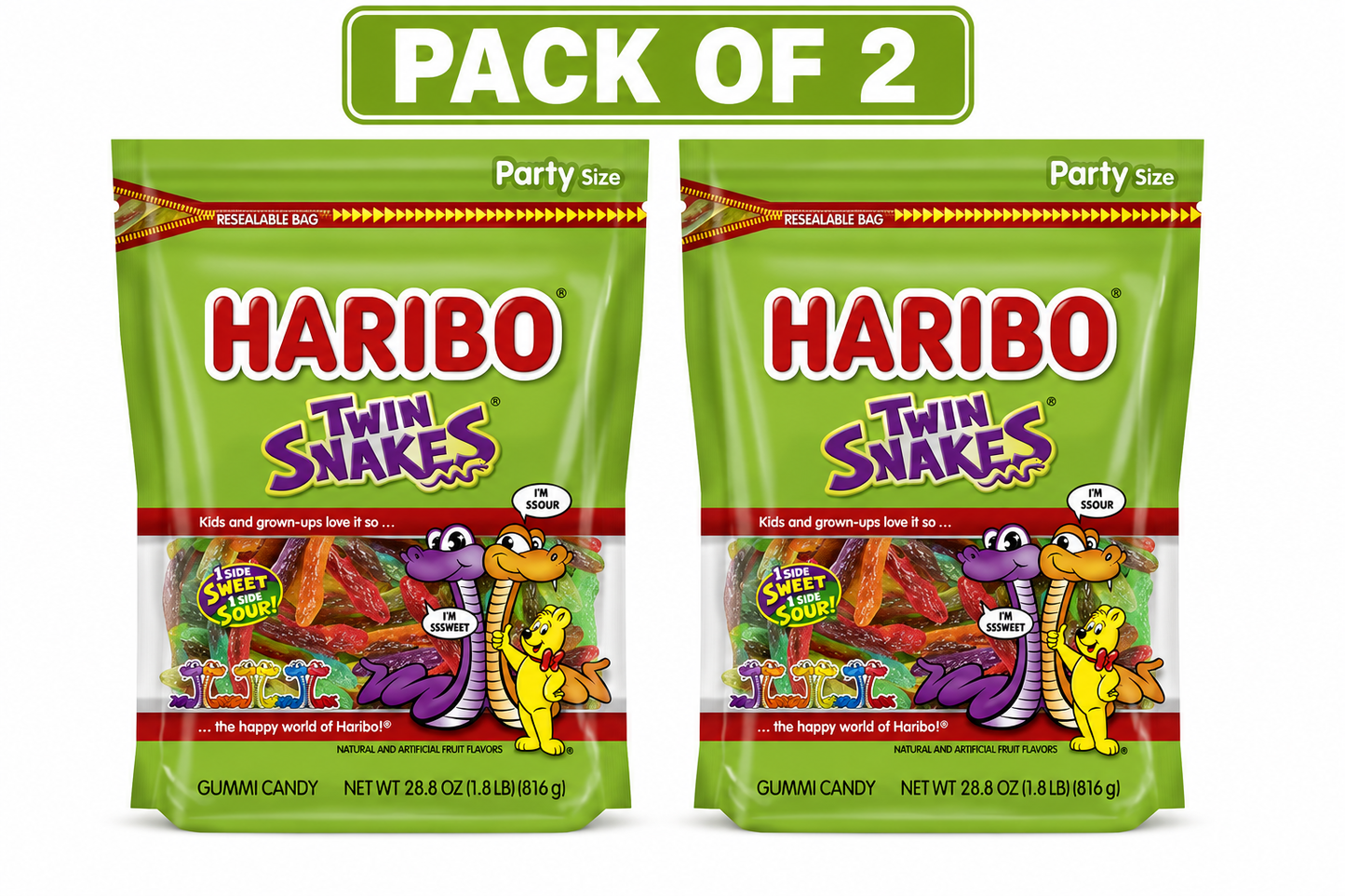 HARIBO Twin Snakes Gummies Original Sweet and Sour Assorted Fruit Flavor Gummy Candy, 28.8 oz, Bulk Party Size Bag( 2 pack)