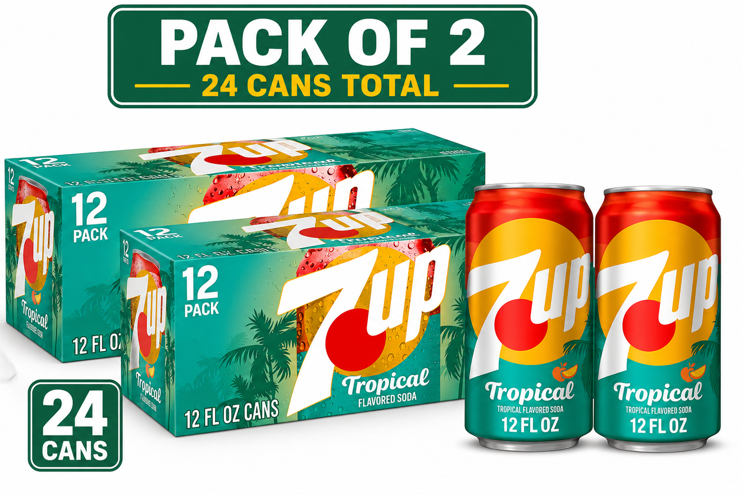 7UP Tropical Caffeine Free Lemon Lime Mango Peach Soda Pop, 12 fl oz, 12 Pack Cans( pack of 2)
