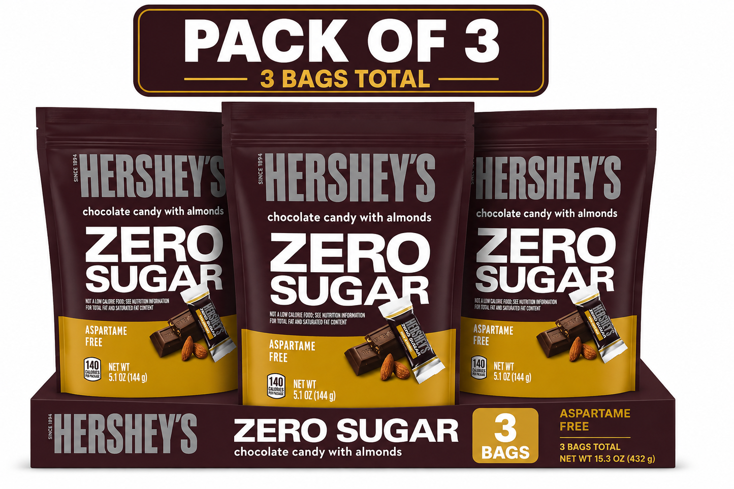 (pack of 3)Hershey's Zero Sugar Chocolate with Almonds Candy, Bag 5.1 oz