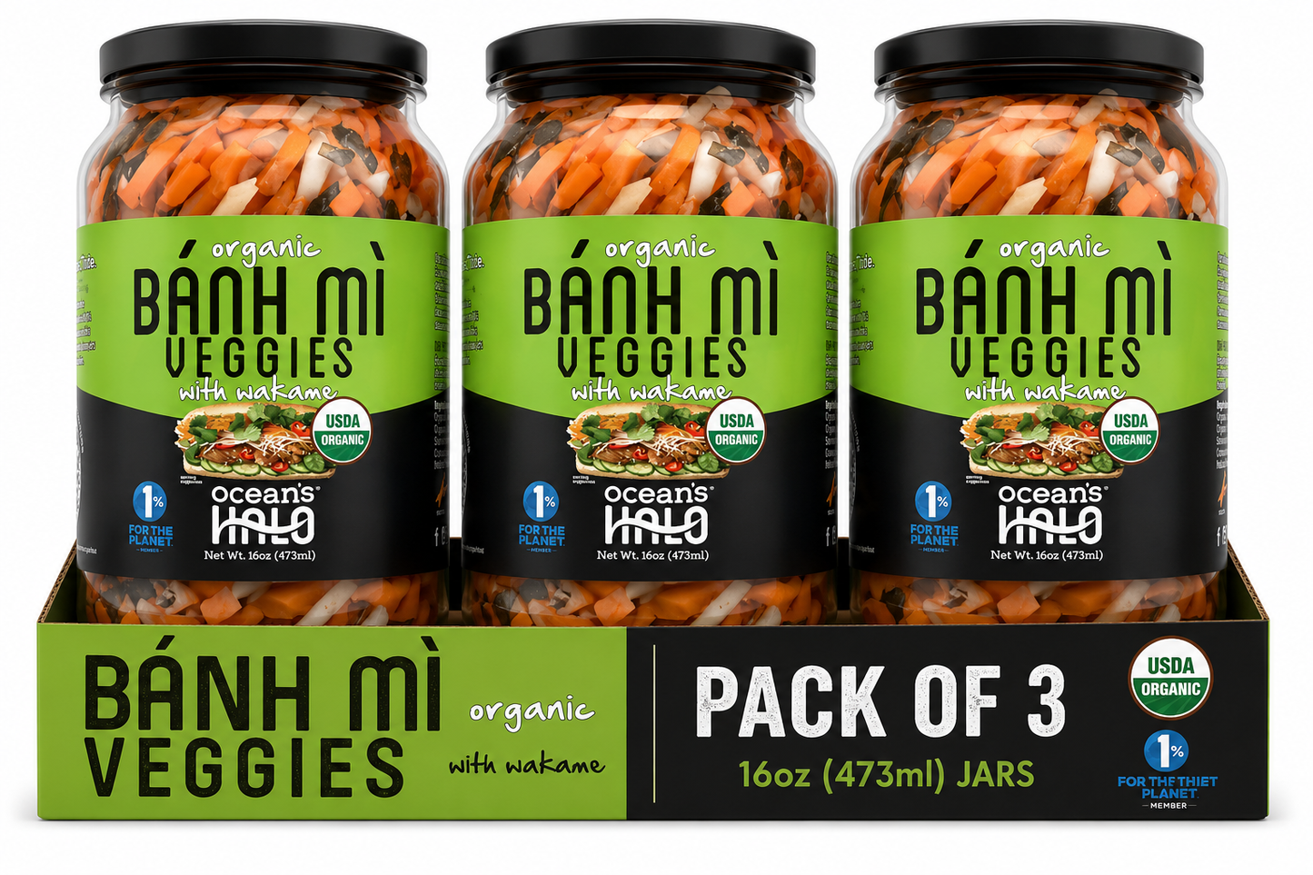 (pack of 3)Ocean's Halo Organic Banh Mi Veggies, Crunchy Pickled Shredded Mixed Vegetables, Vegan, 16 oz.