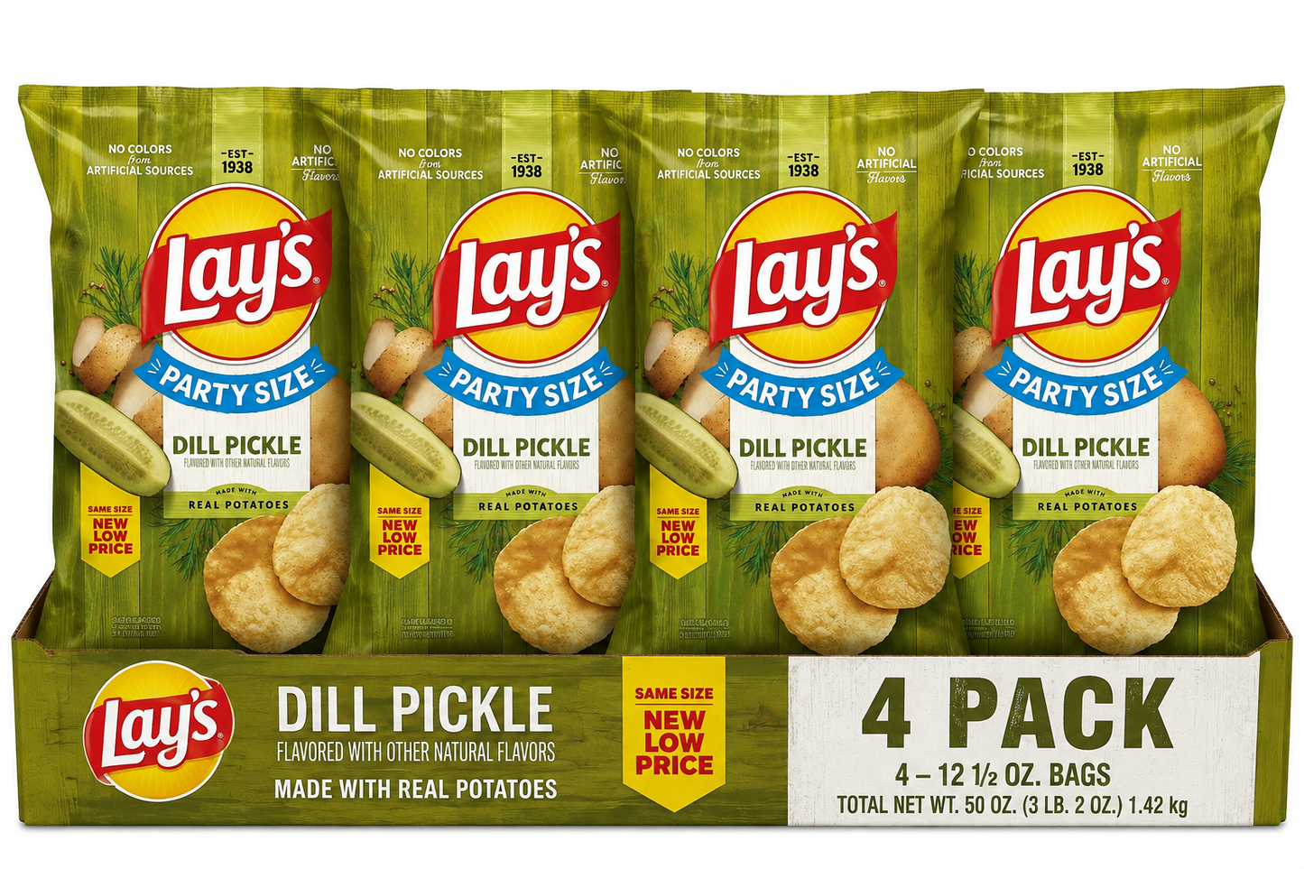 ( pack of 4)Lay's Dill Pickle Flavored Potato Chips, Party Size, 12.5 oz Bag