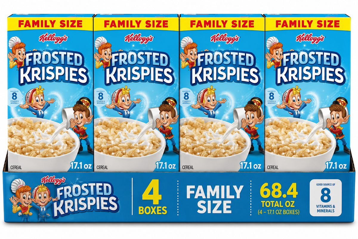 ( pack of 4)Kellogg's Frosted Krispies Frosted Flavor Breakfast Cereal, Kids Snacks, Family Size, 17.1 oz