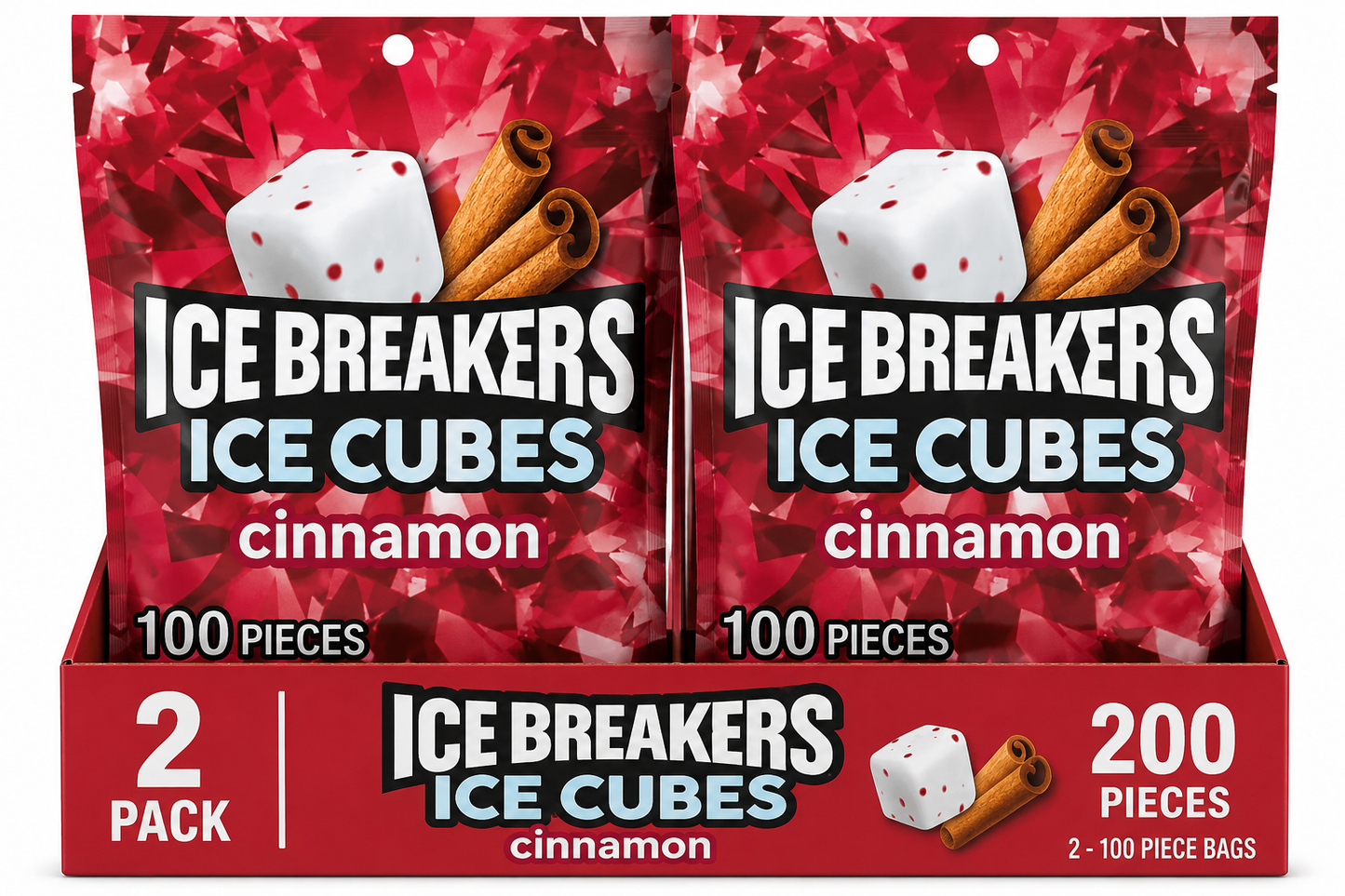 (pack of 2)Ice Breakers Ice Cubes Cinnamon Sugar Free Chewing Gum, Pouch 8.11 oz, 100 Pieces