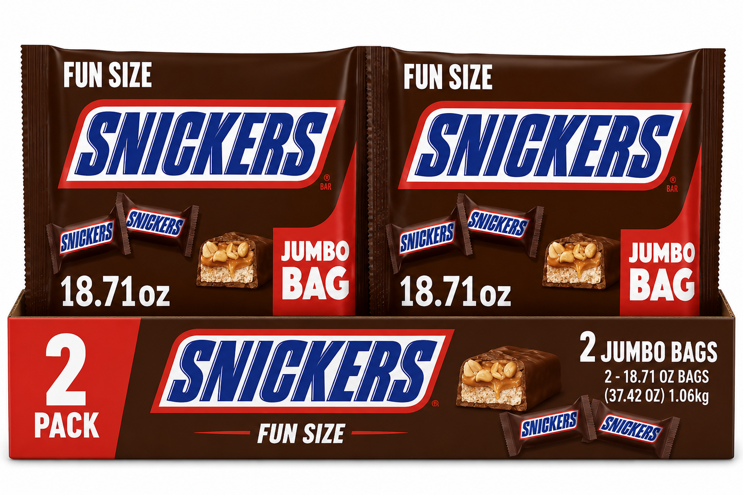 Snickers Fun Size Chocolate Bars, 18.71 oz Jumbo Candy Bag( pack of 2)