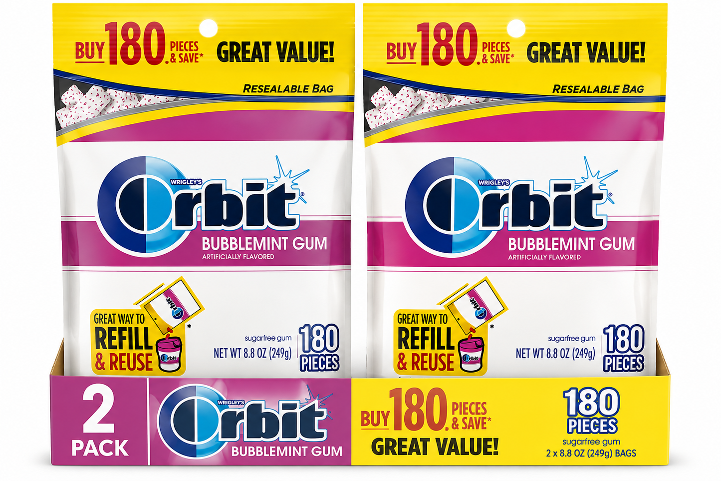 Orbit Bubblemint Sugar Free Chewing Gum, Value Pack - 180 Ct Bag( pack of 2)