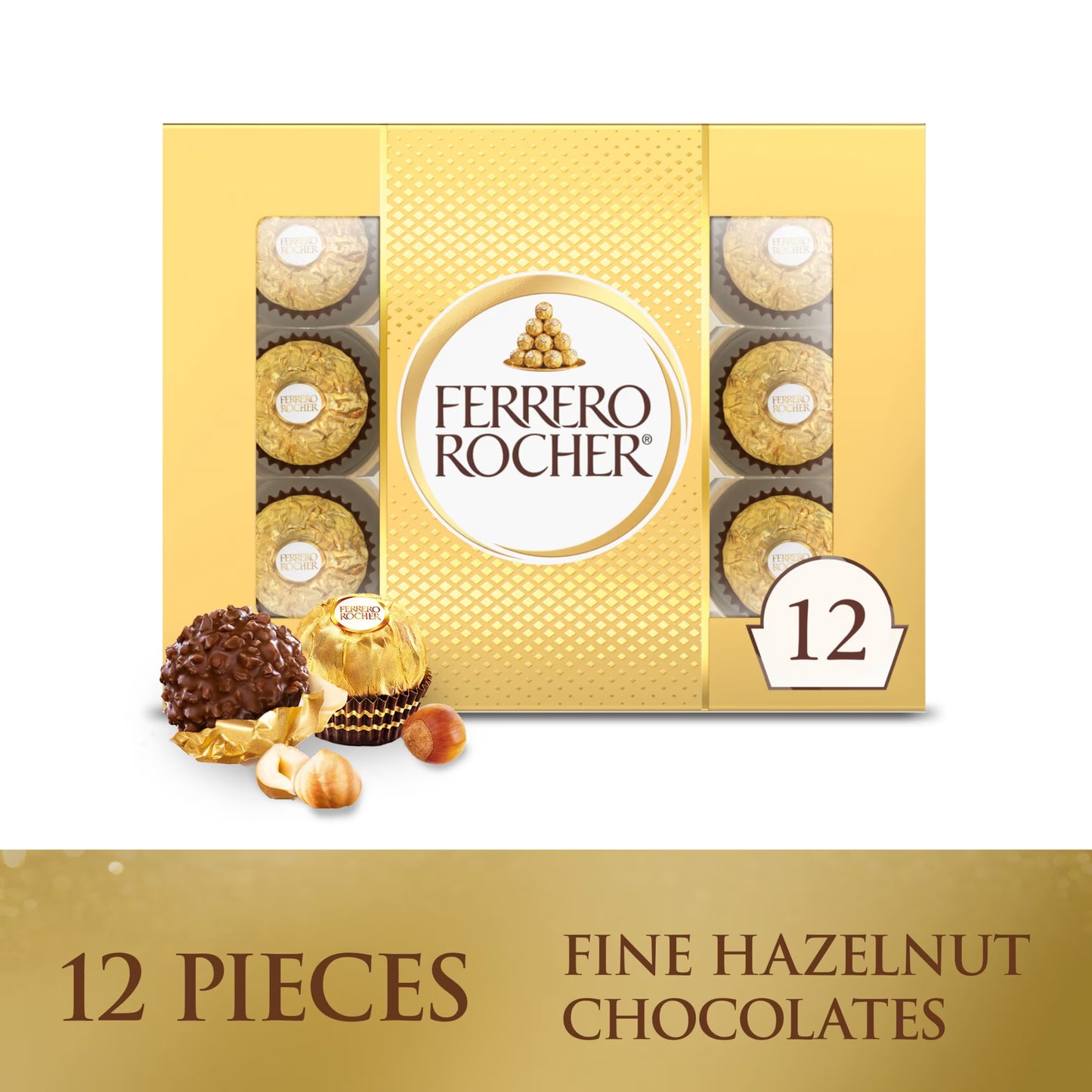 Ferrero Rocher Gourmet Hazelnut Milk Chocolate Gift Box, 12 Individually Wrapped Chocolates, 5.3 oz