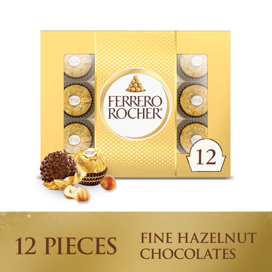 Ferrero Rocher Gourmet Hazelnut Milk Chocolate Gift Box, 12 Individually Wrapped Chocolates, 5.3 oz