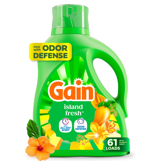 Gain Laundry Detergent Liquid, Now with Odor Defense, Island Fresh Scent, 81 fl oz, 61 Loads