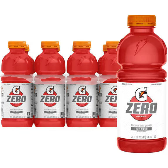 Gatorade Zero Sugar Thirst Quencher Fruit Punch Sports Drinks, 20 fl oz, 8 Count Bottles( 2 pack)