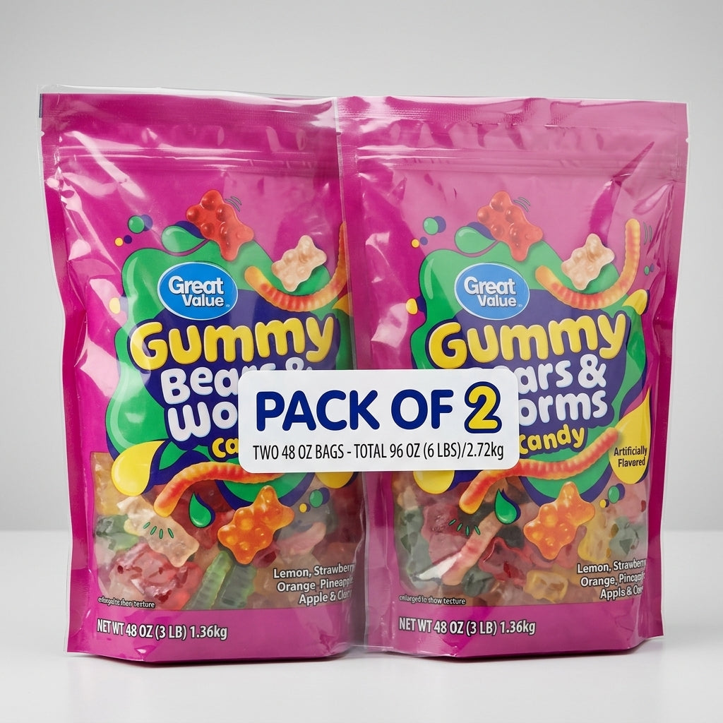 Great Value Gummy Bears & Worms Chewy Candy, 48 oz( pack of 2)