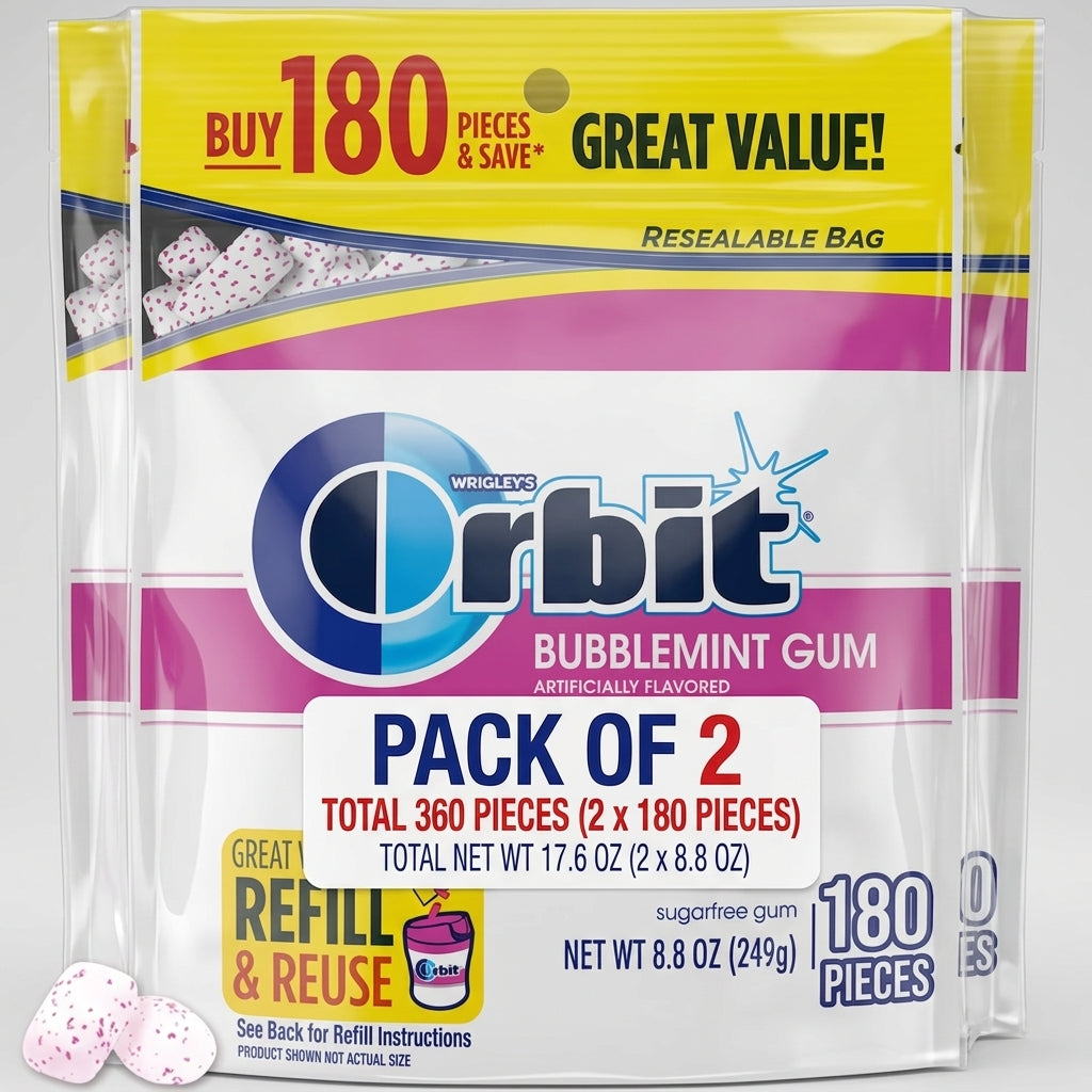 Orbit Bubblemint Sugar Free Chewing Gum, Value Pack - 180 Ct Bag( pack of 2)