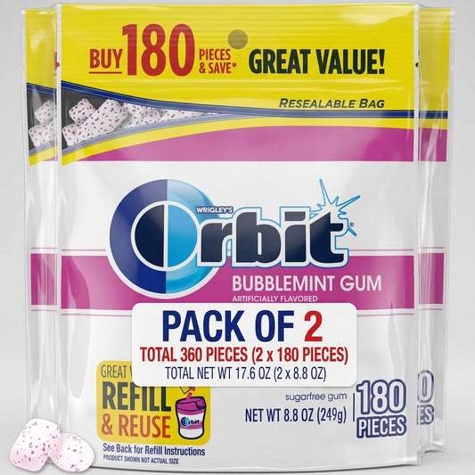 Orbit Bubblemint Sugar Free Chewing Gum, Value Pack - 180 Ct Bag( pack of 2)