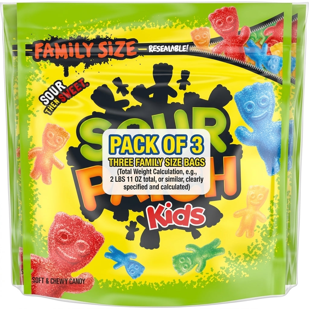 SOUR PATCH KIDS Soft & Chewy Gummy Candy, Family Size, Bulk Candy, 1.8 lb( pack of 3)