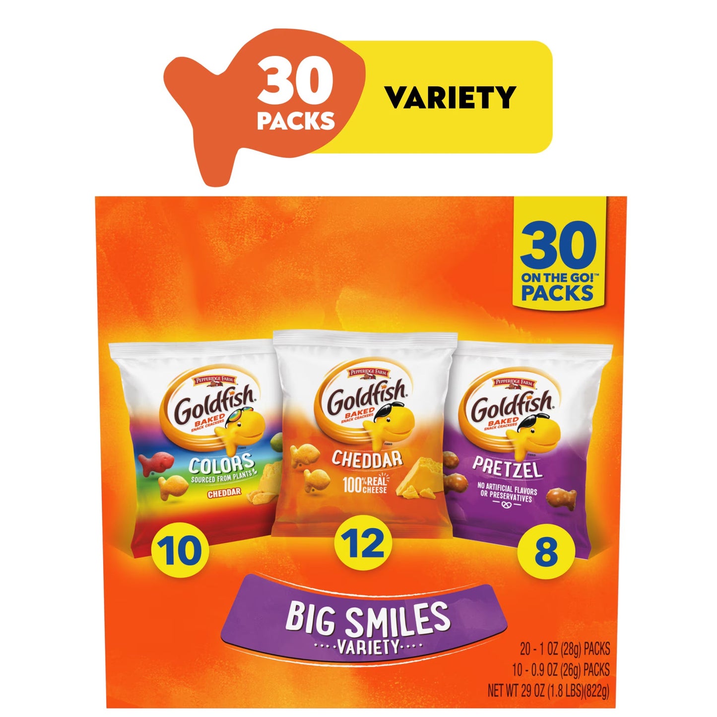 Goldfish Crackers Big Smiles with Cheddar, Colors, and Pretzel Crackers, Snack Pack, 30 Count Variety Pack Box