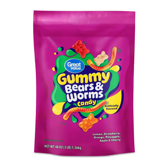 Great Value Gummy Bears & Worms Chewy Candy, 48 oz( pack of 2)