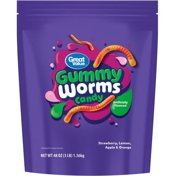Great Value Gummy Worms Chewy Candy, 48 oz Bag(2 pack)