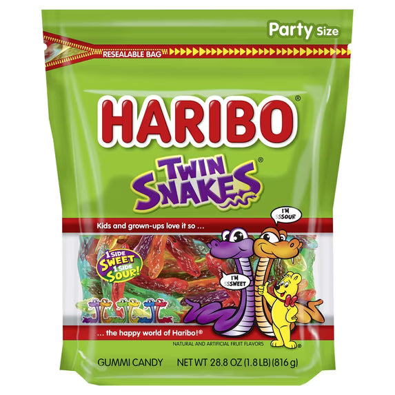 HARIBO Twin Snakes Gummies Original Sweet and Sour Assorted Fruit Flavor Gummy Candy, 28.8 oz, Bulk Party Size Bag( 2 pack)