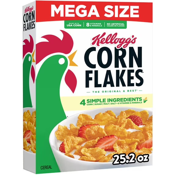 Kellogg's Corn Flakes Original Breakfast Cereal, 8 Vitamins and Minerals, Mega Size, 25.2 oz(pack of 2)