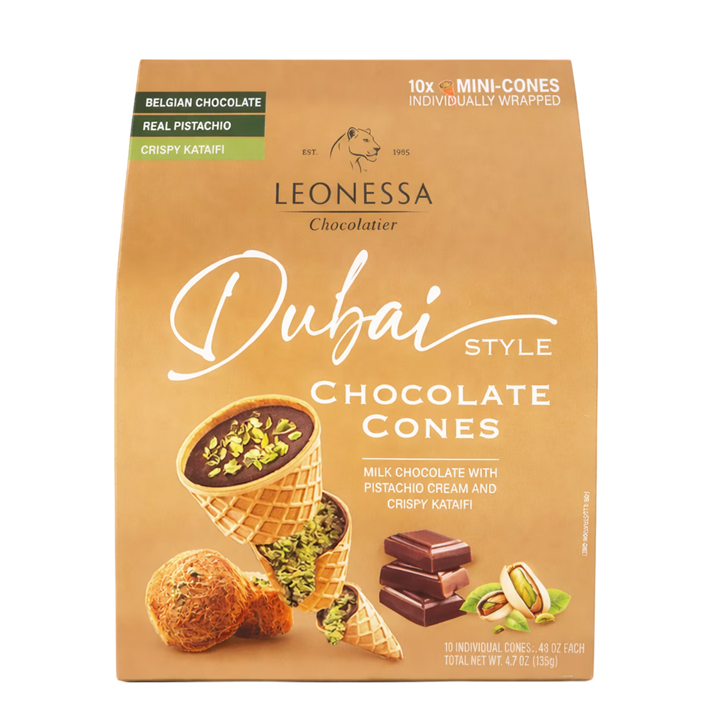 Leonessa Chocolatier Dubai Chocolate Cones, Milk Chocolate with Crispy Kataifi & Pistachio Kunafa Cream, Made with Belgian Chocolate, 4.7 oz Gable Box, 10 Count