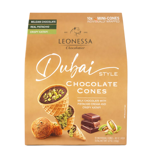 Leonessa Chocolatier Dubai Chocolate Cones, Milk Chocolate with Crispy Kataifi & Pistachio Kunafa Cream, Made with Belgian Chocolate, 4.7 oz Gable Box, 10 Count