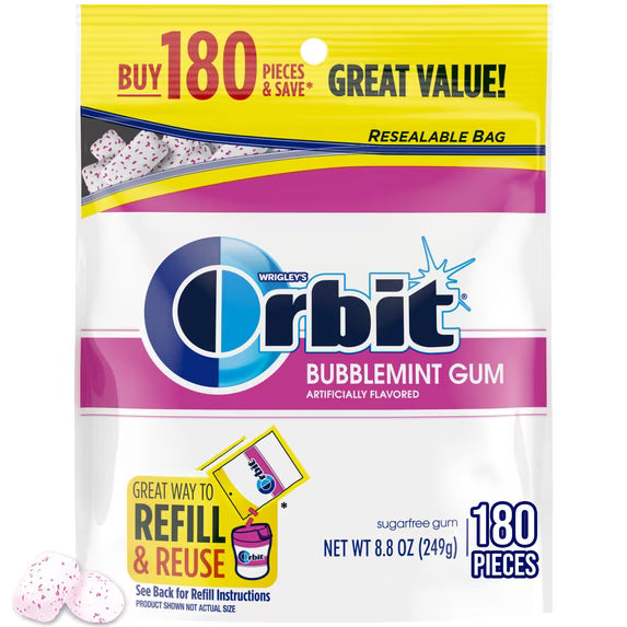 Orbit Bubblemint Sugar Free Chewing Gum, Value Pack - 180 Ct Bag( pack of 2)