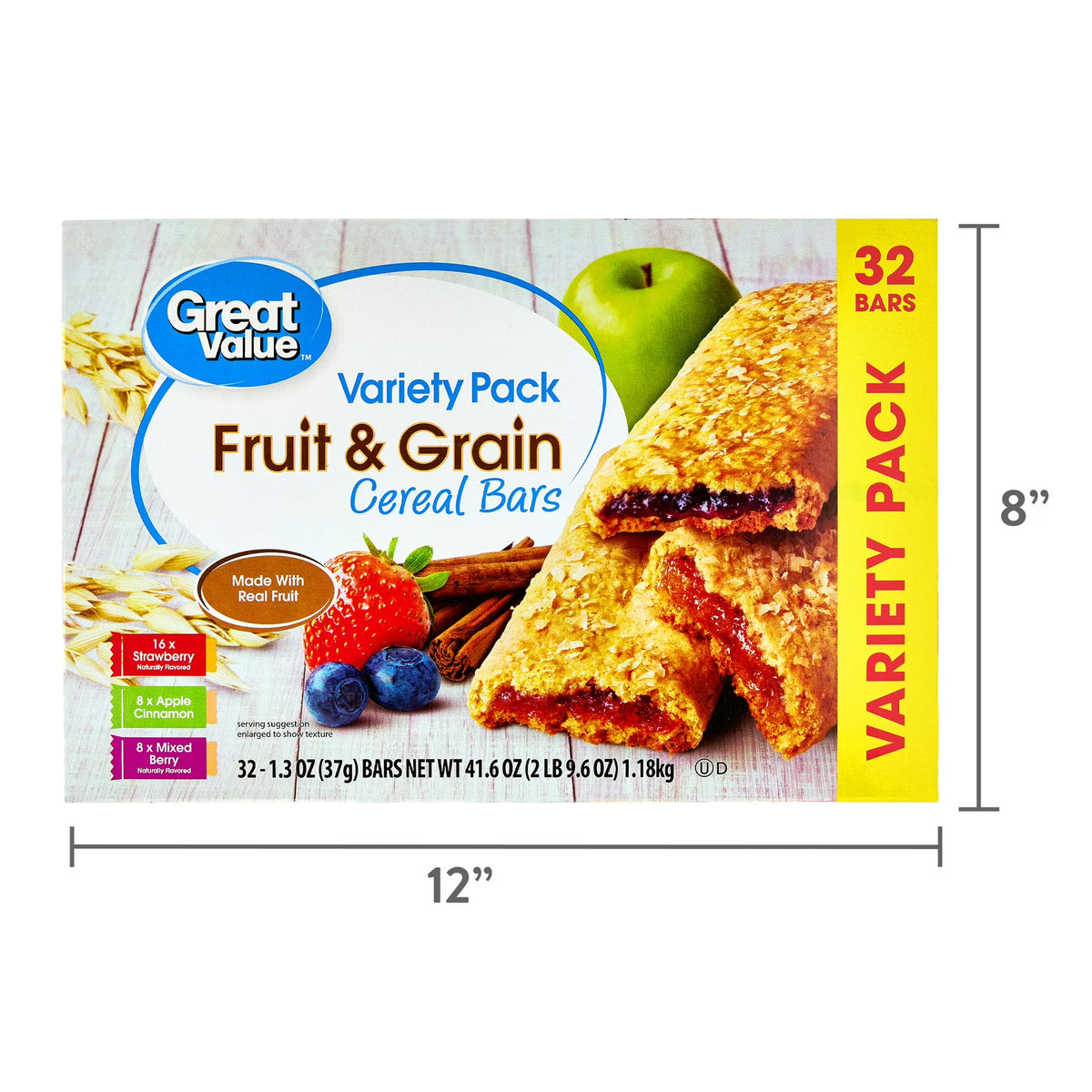 (4 pack) Great Value Fruit & Grain Cereal Bars, Variety Pack, 1.3 oz, 32 Count