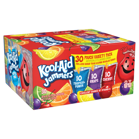 Kool-Aid Jammers Drink, 30 Pouches, for School Lunches and On-the-Go Hydration, Artificially Flavored Tropical Punch, Grape and Cherry Flavors, 6 fl oz