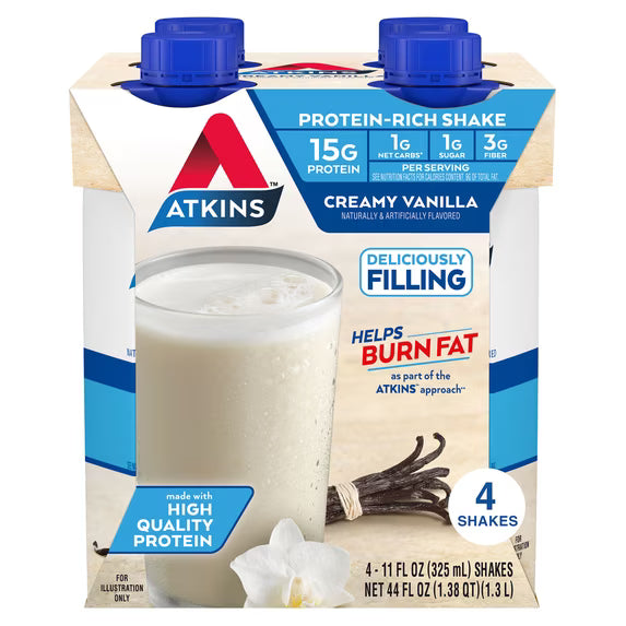 (3 pack) Atkins Protein Shake, Creamy Vanilla, Keto Friendly, Gluten Free, 4 Ct