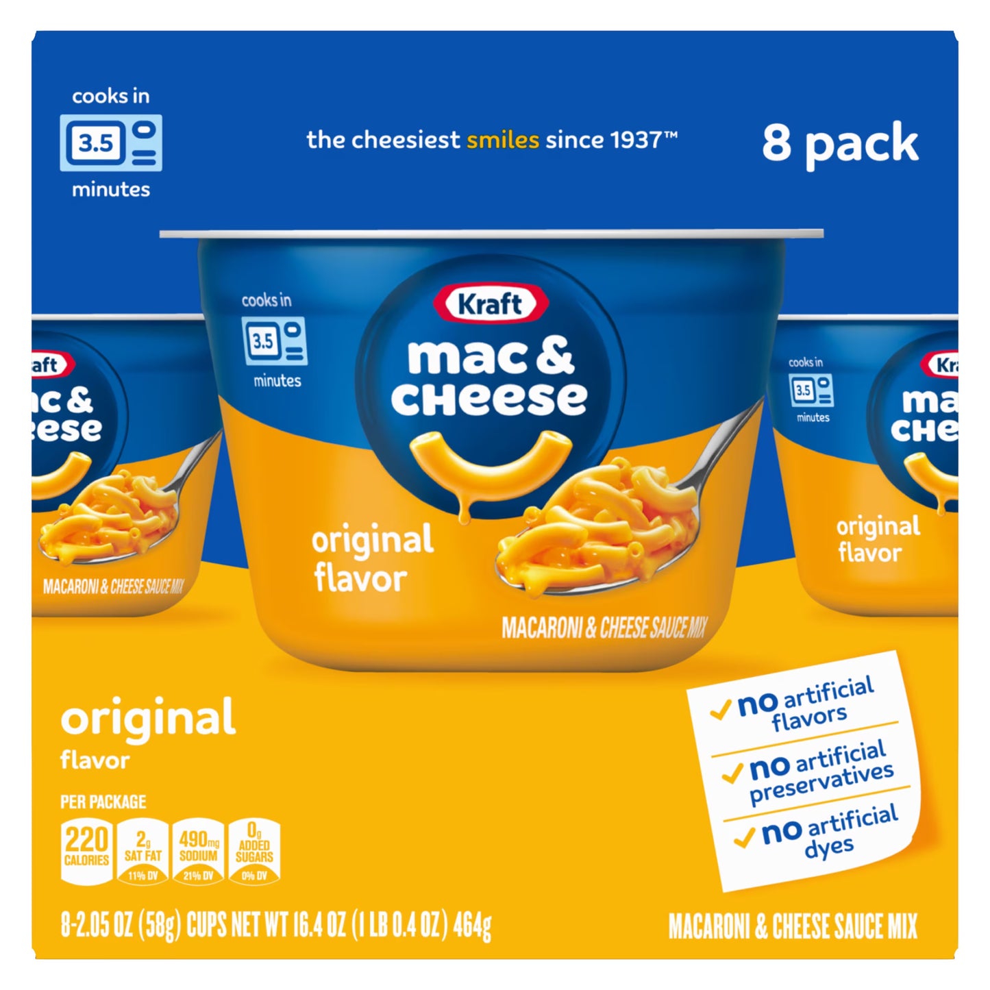 Kraft Mac and Cheese, 8 Cups, for Easy Dinner or Dinner Sides, Original Flavor, No Artificial Flavors, Preservatives or Dyes, 2.05 oz