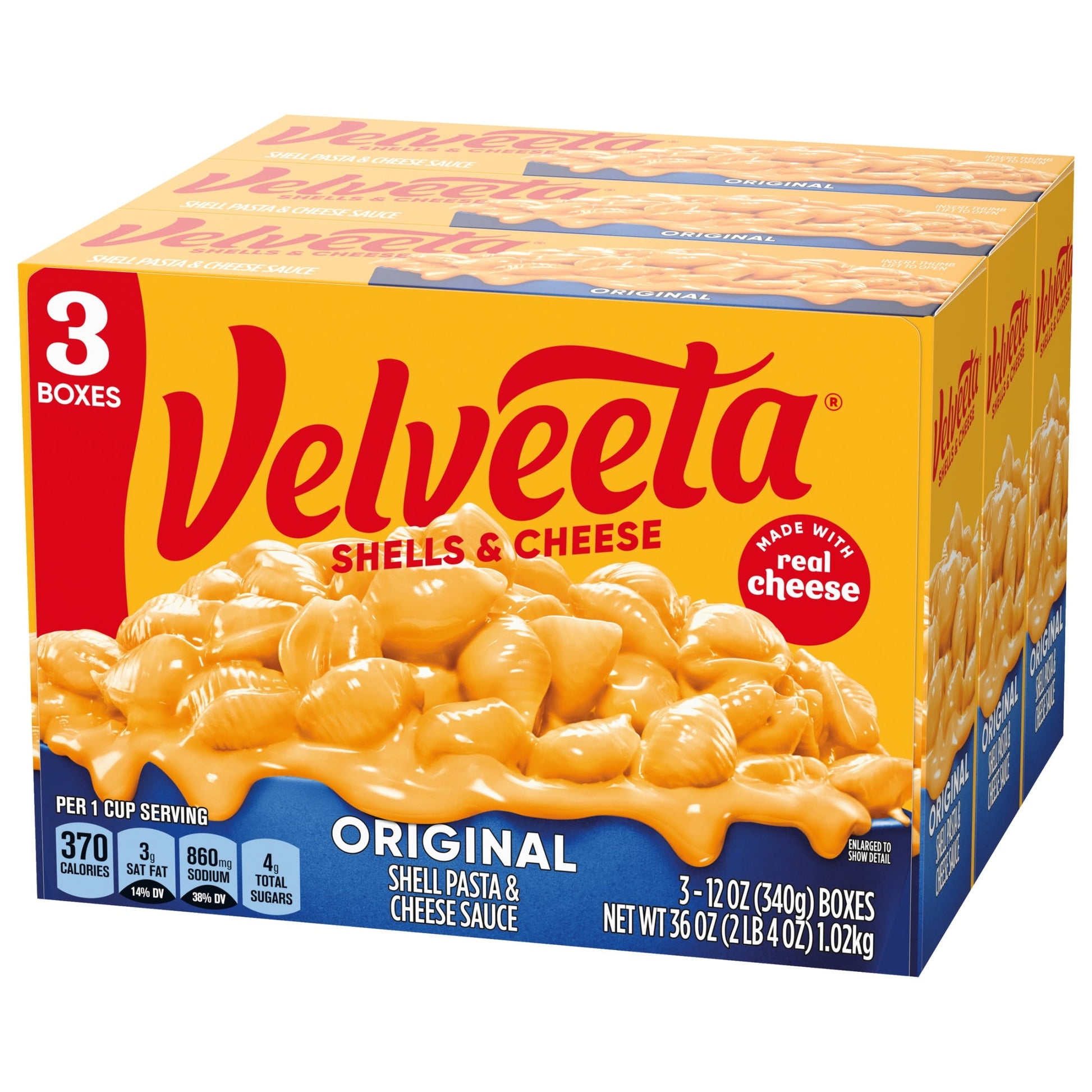 Velveeta Shells and Cheese Mac and Cheese, 3 Boxes, for Easy Dinner or Dinner Sides, Original Flavor, Made with Real Cheese, 12 oz