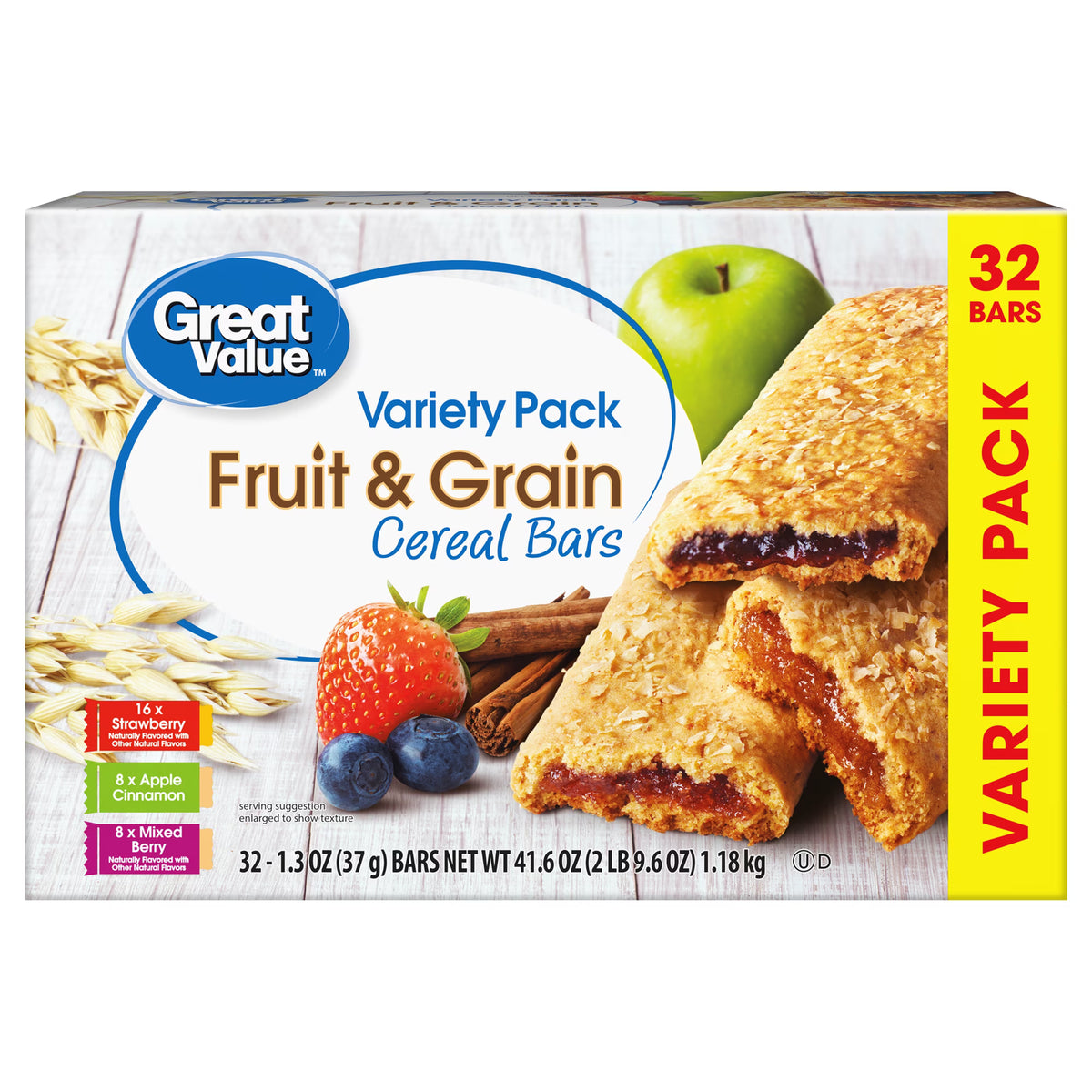 (4 pack) Great Value Fruit & Grain Cereal Bars, Variety Pack, 1.3 oz, 32 Count