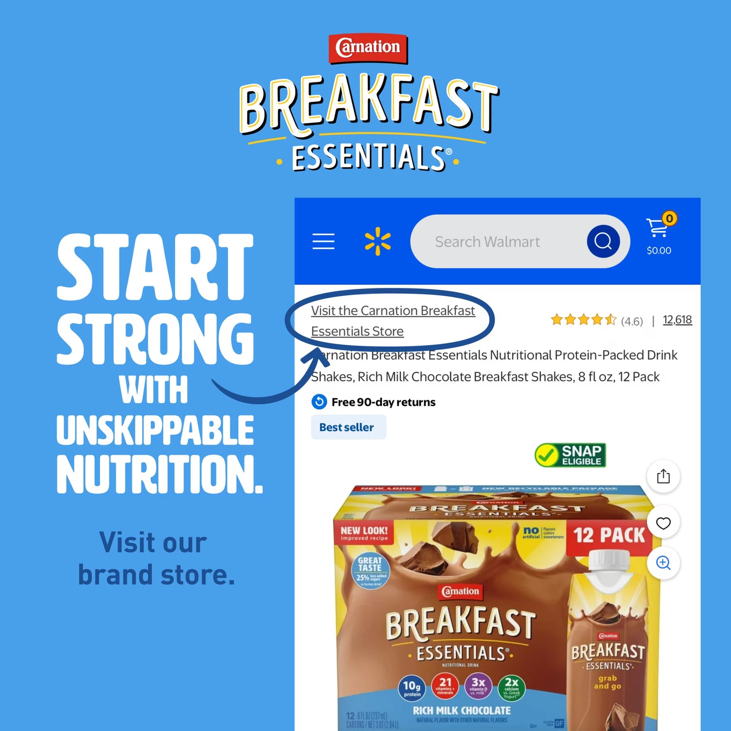 Carnation Breakfast Essentials Powder Protein Nutritional Shake Drink Mix Packets, Rich Milk Chocolate Breakfast Shake, 22 Count