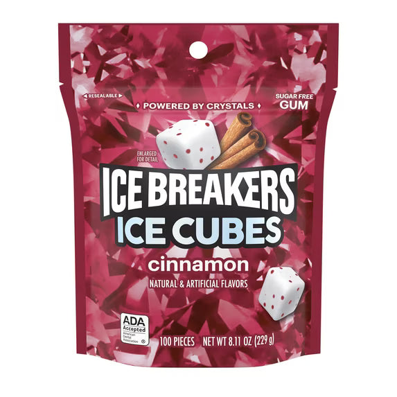 (pack of 2)Ice Breakers Ice Cubes Cinnamon Sugar Free Chewing Gum, Pouch 8.11 oz, 100 Pieces