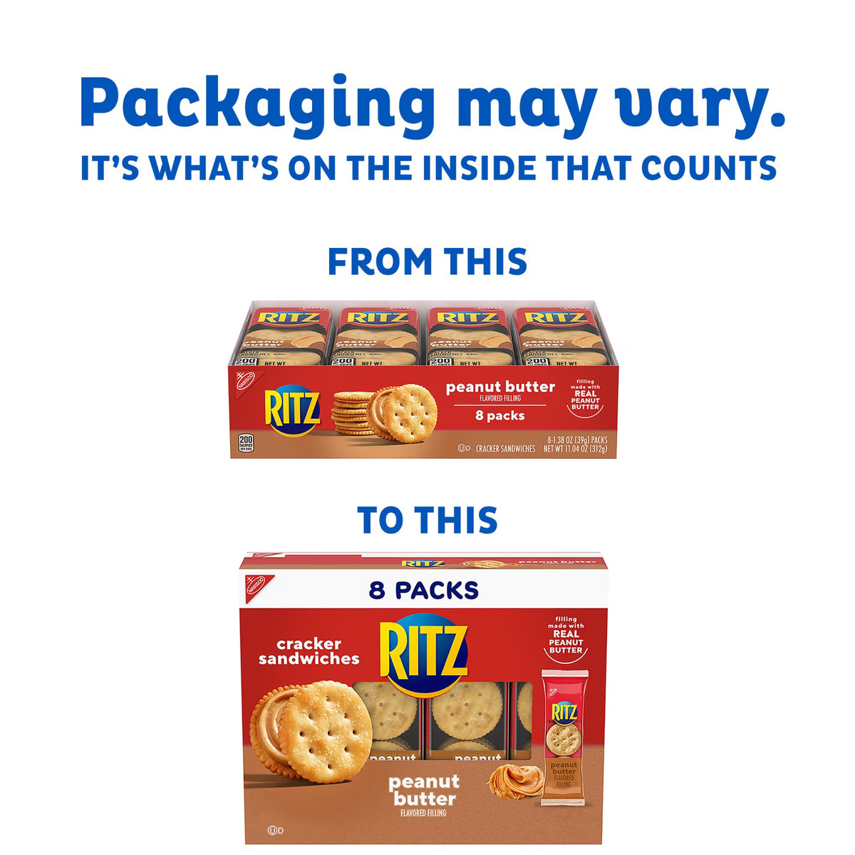 (3 pack) RITZ Peanut Butter Sandwich Crackers, Lunch Snacks, 8 Snack Packs (6 Crackers Per Pack)