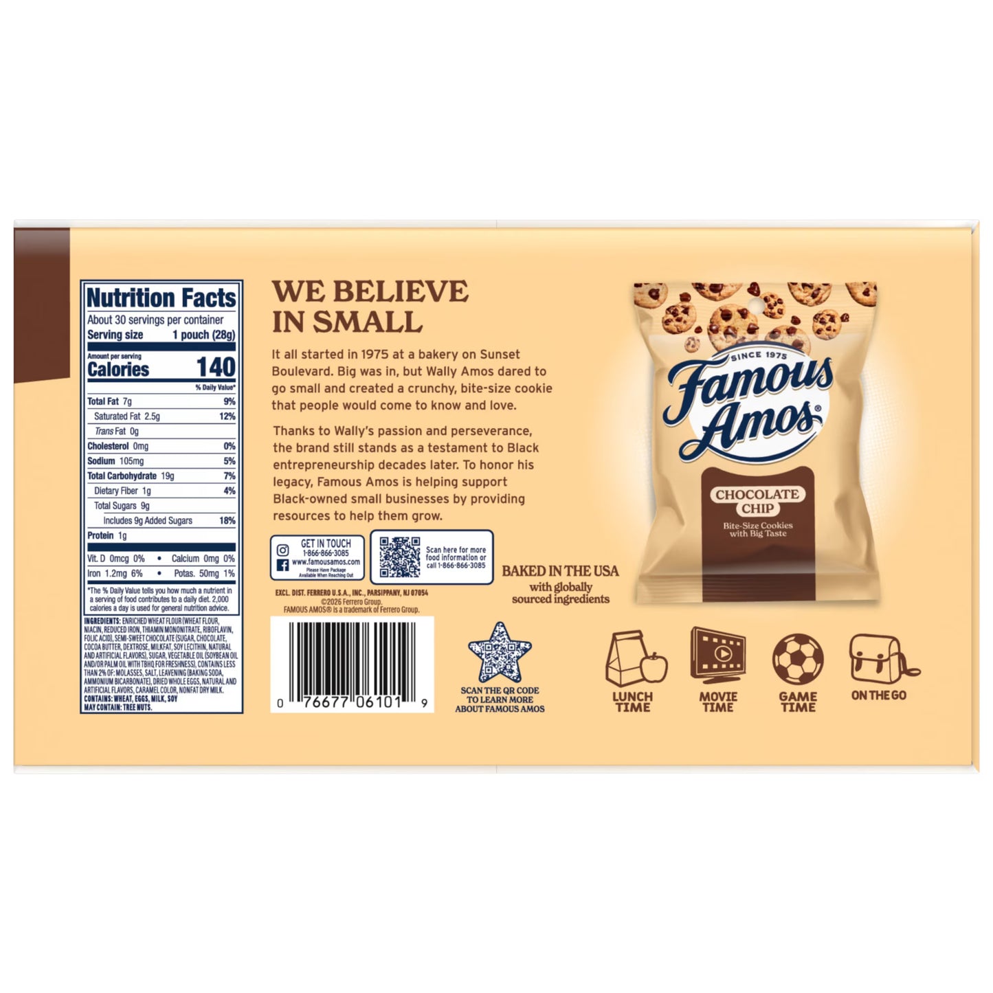 (3 pack) Famous Amos Classic Chocolate Chip Cookies, Bite-size cookies, Sweet Treats, 30 Pack Box, 1 oz Bag