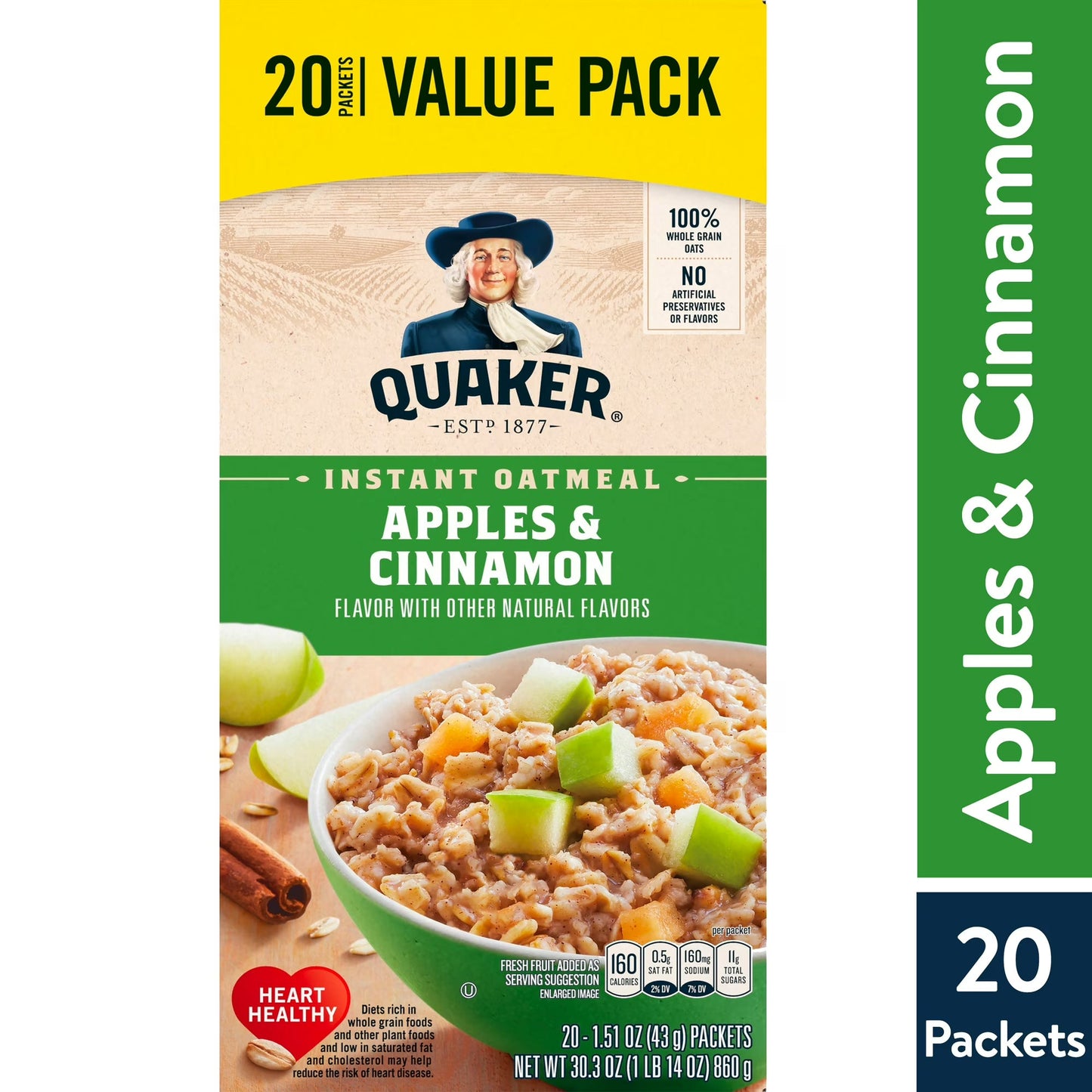 (8 pack) Quaker, Instant Oatmeal, Apple & Cinnamon, 1.51 oz, 20 Packets