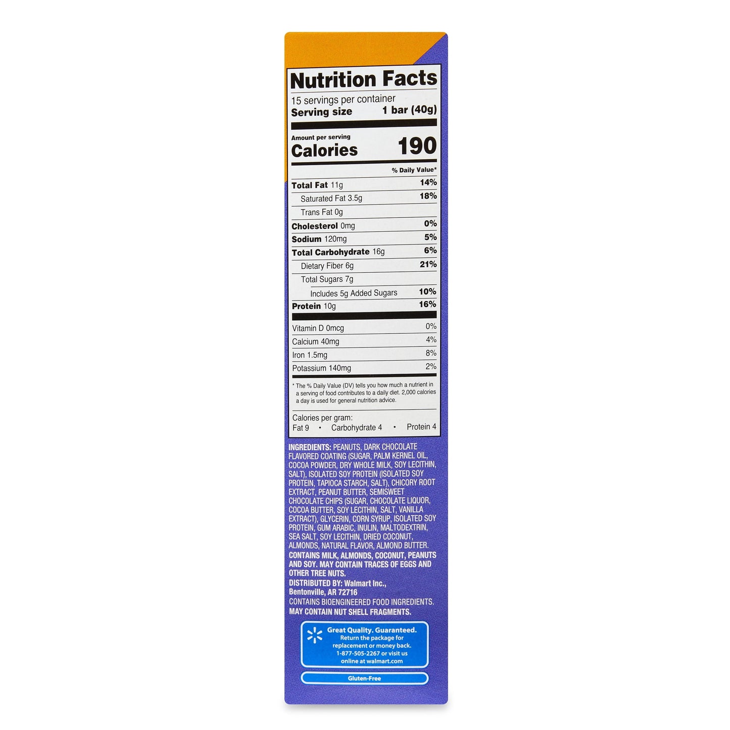 Great Value Peanut Butter and Dark Chocolate Protein Bars, 21.1 oz, 15 Count