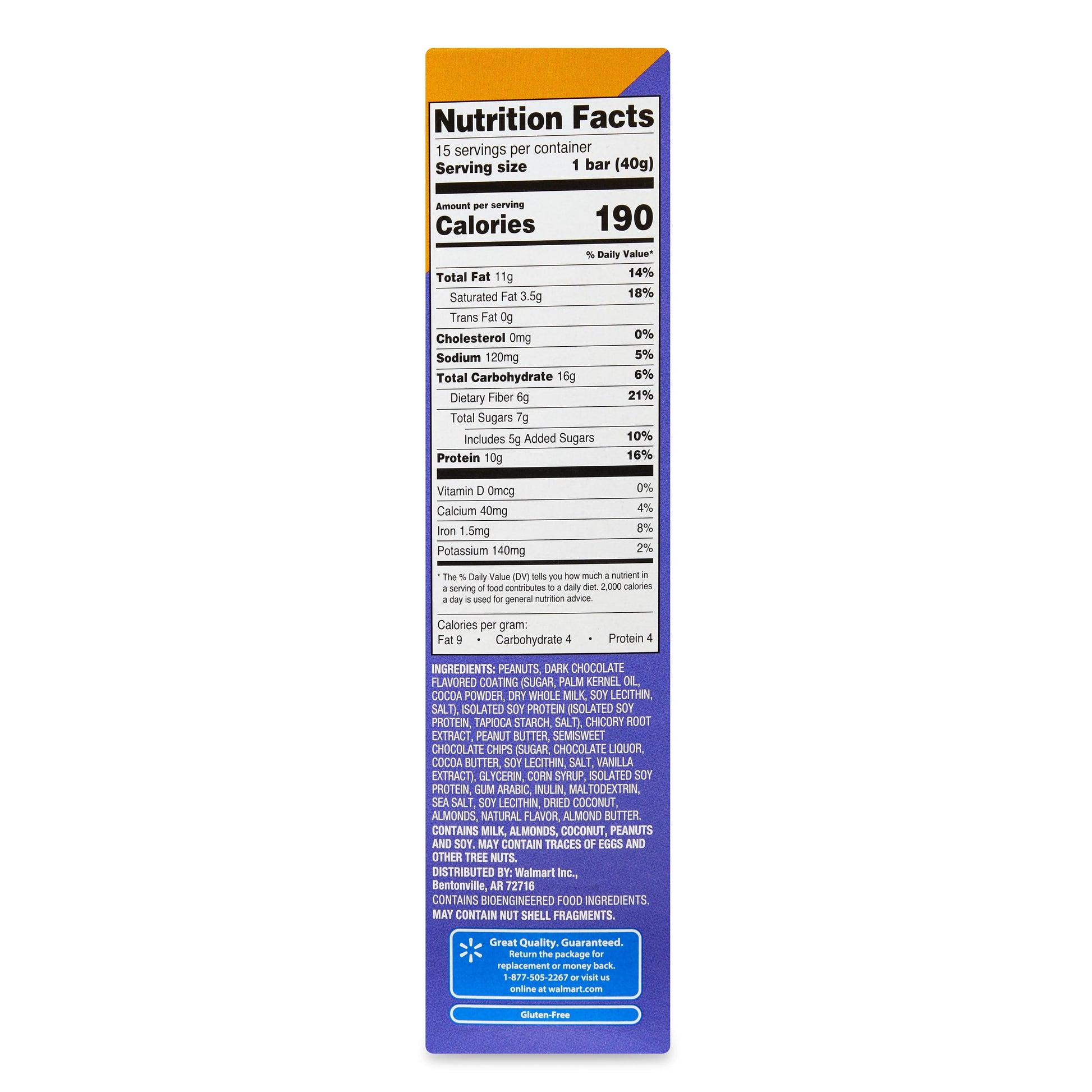 Great Value Peanut Butter and Dark Chocolate Protein Bars, 21.1 oz, 15 Count