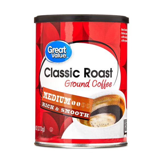 (6 pack) Great Value Classic Roast Ground Naturally Caffeinated Coffee, 9.6 oz Canister
