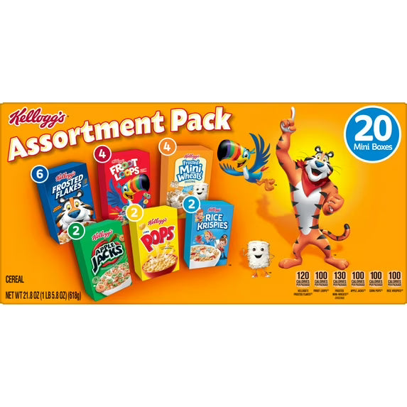 Kellogg's Assortment Pack Variety Pack Breakfast Cereal Box, 21.8 oz, 20 Count ( 2 pack)