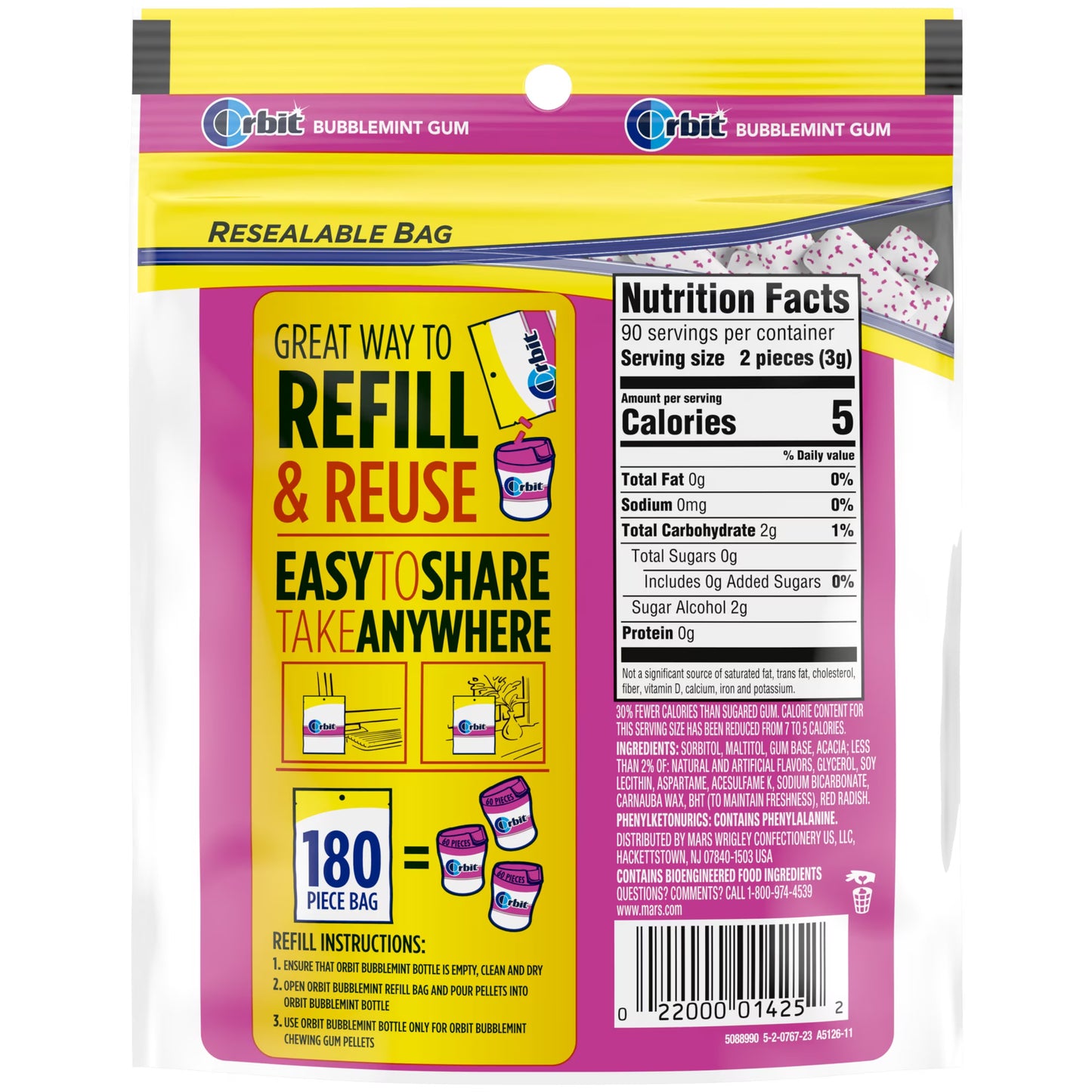 Orbit Bubblemint Sugar Free Chewing Gum, Value Pack - 180 Ct Bag( pack of 2)