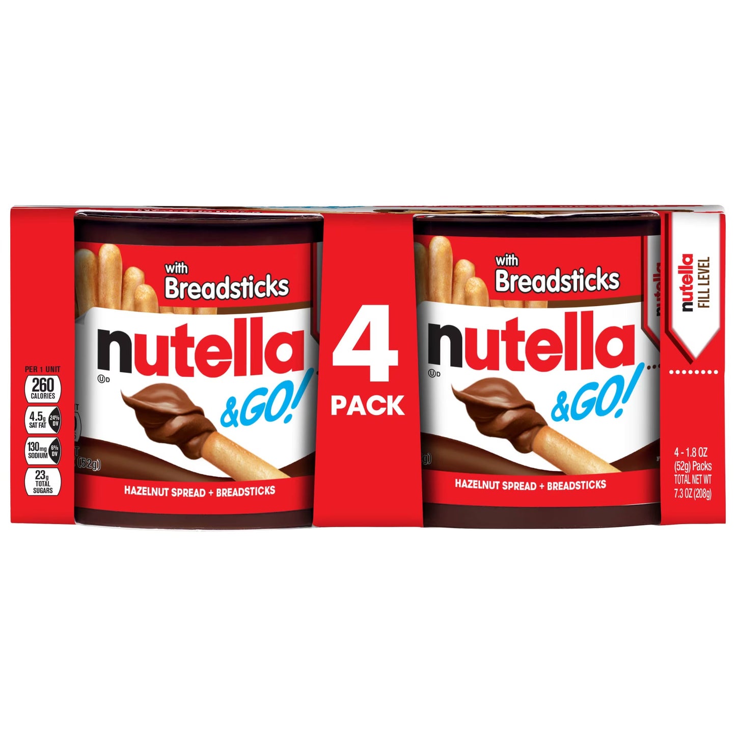 Nutella & GO! Chocolate Hazelnut Spread with Cocoa + Breadsticks, 4 Snack Packs, 1.8 oz Each