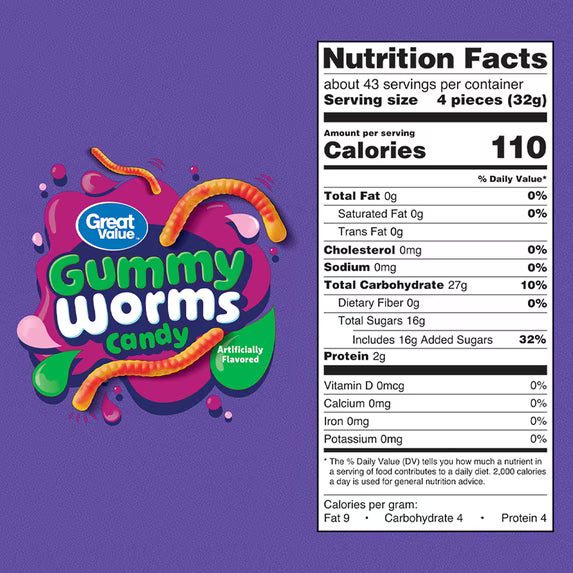 Great Value Gummy Worms Chewy Candy, 48 oz Bag(2 pack)