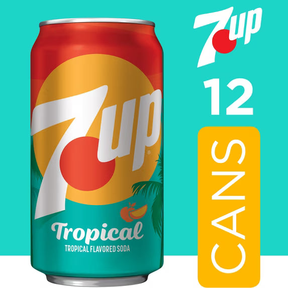 7UP Tropical Caffeine Free Lemon Lime Mango Peach Soda Pop, 12 fl oz, 12 Pack Cans( pack of 2)