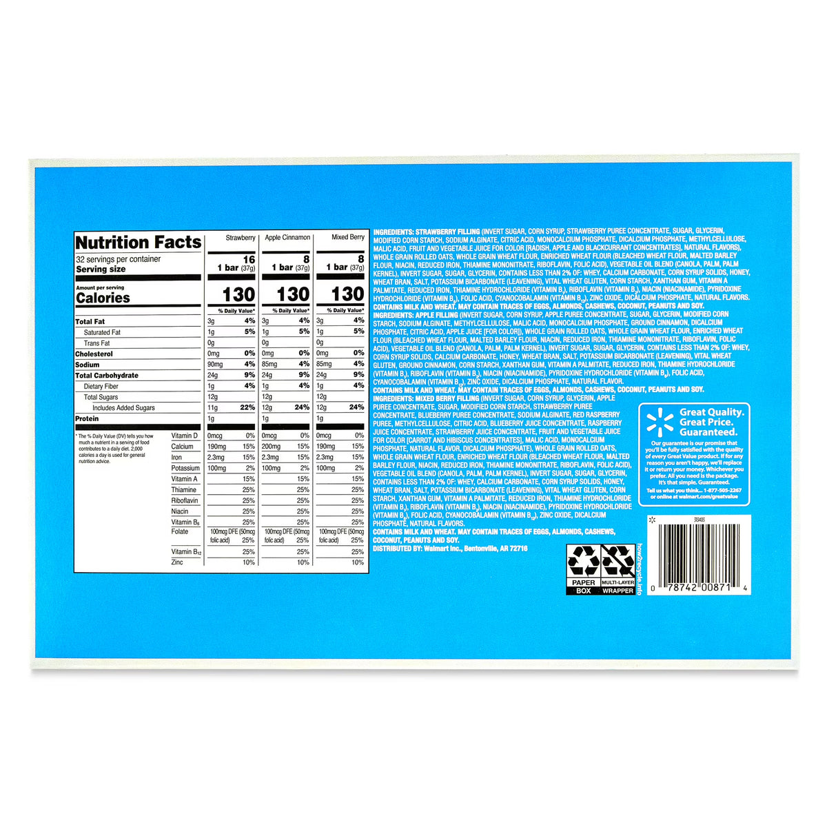 (4 pack) Great Value Fruit & Grain Cereal Bars, Variety Pack, 1.3 oz, 32 Count