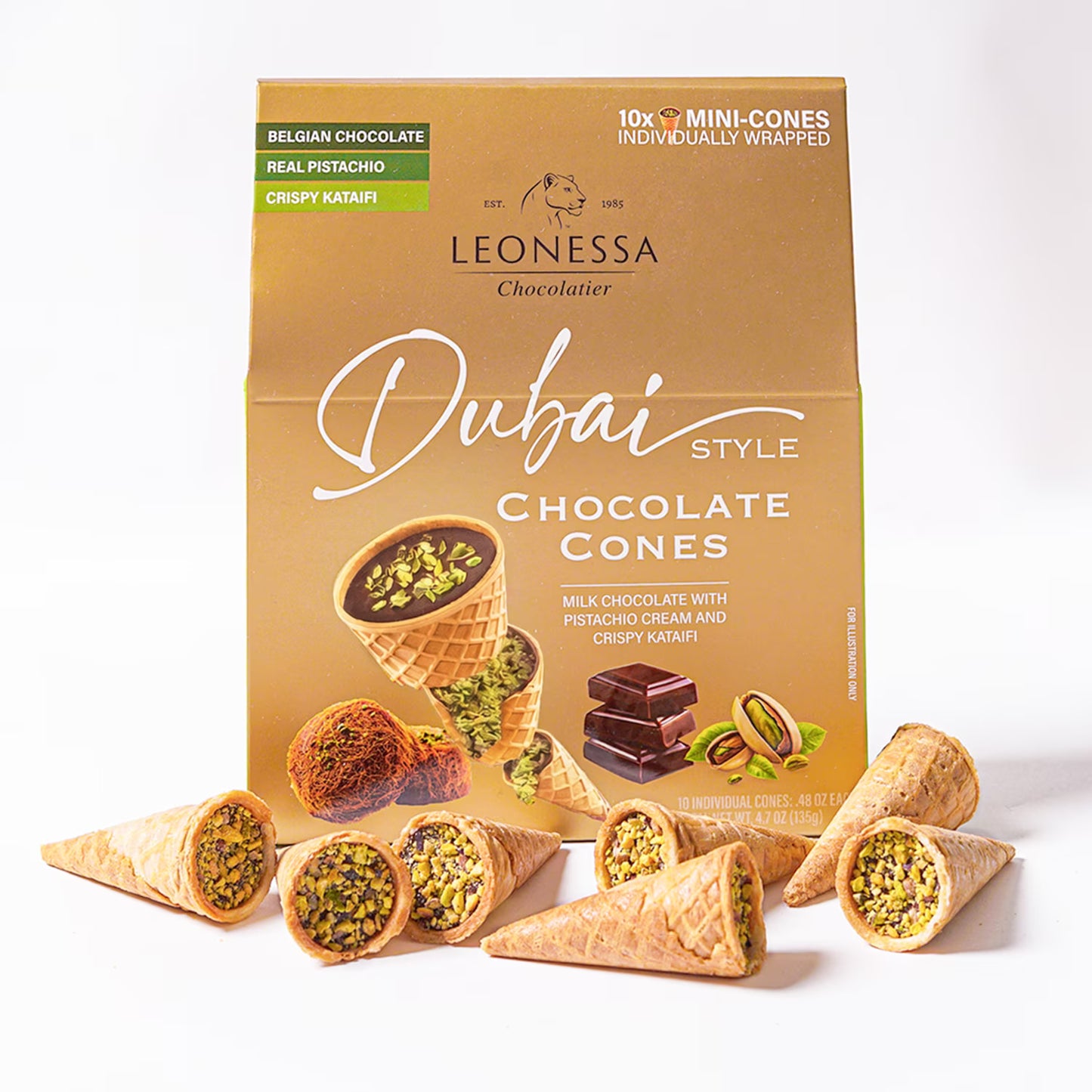 Leonessa Chocolatier Dubai Chocolate Cones, Milk Chocolate with Crispy Kataifi & Pistachio Kunafa Cream, Made with Belgian Chocolate, 4.7 oz Gable Box, 10 Count