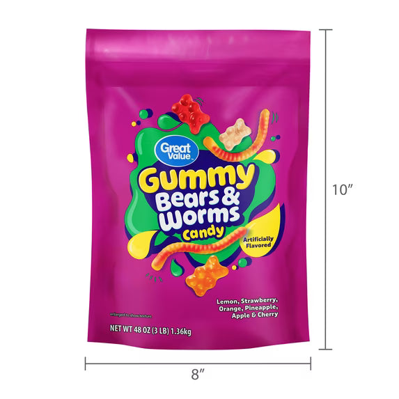 Great Value Gummy Bears & Worms Chewy Candy, 48 oz( pack of 2)