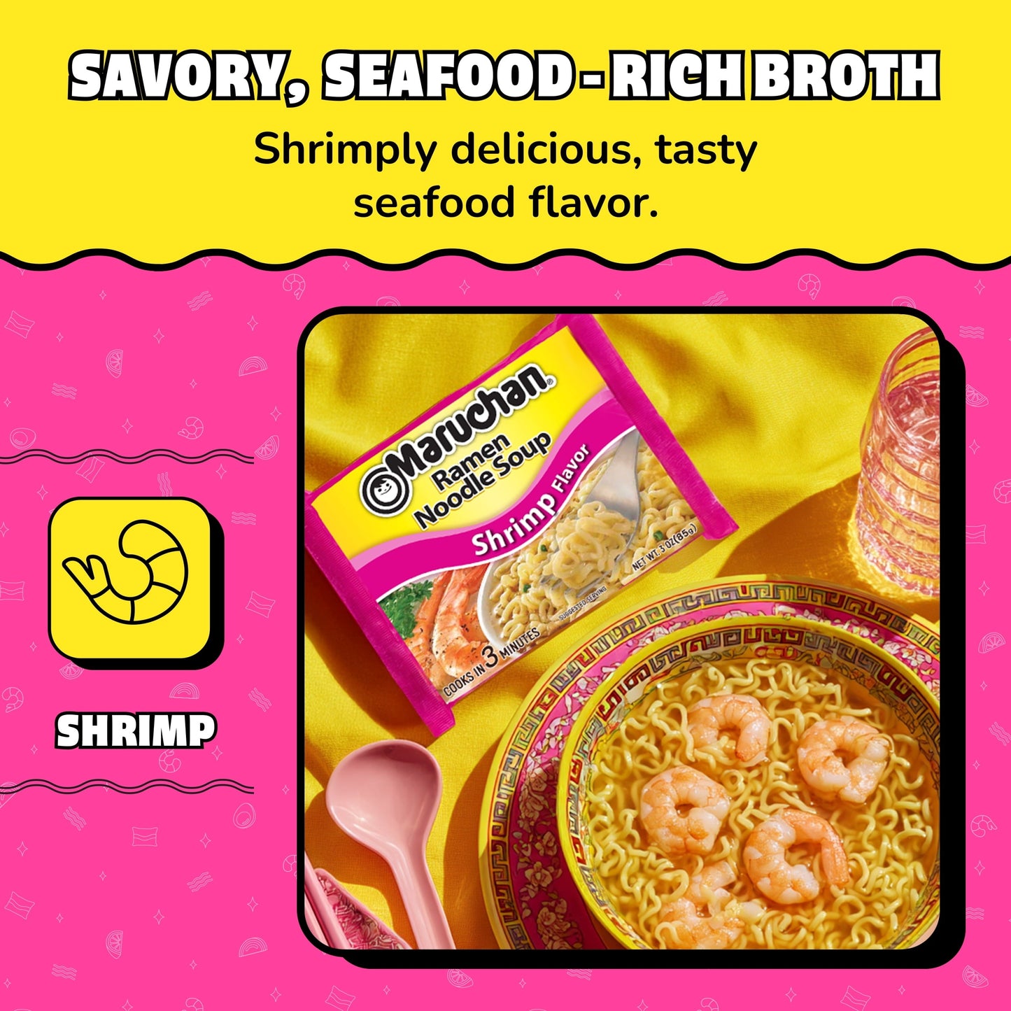 (24 pack) Maruchan Ramen Noodle Soup, Shrimp Flavor Instant Noodles, 3 oz, Pack of 12