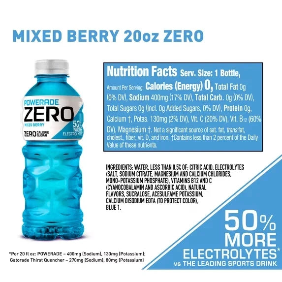 POWERADE Zero Sugar Mixed Berry Electrolyte Sports Drink Bottles,20 fl oz,8 Pack